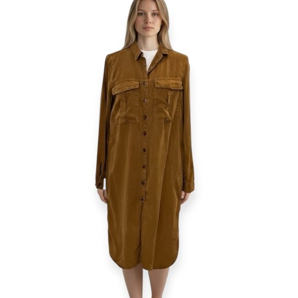 Pull&Bear Women's Shift Dress Brown Button Front Long Sleeve Size Medium Tencel - Picture 1 of 10